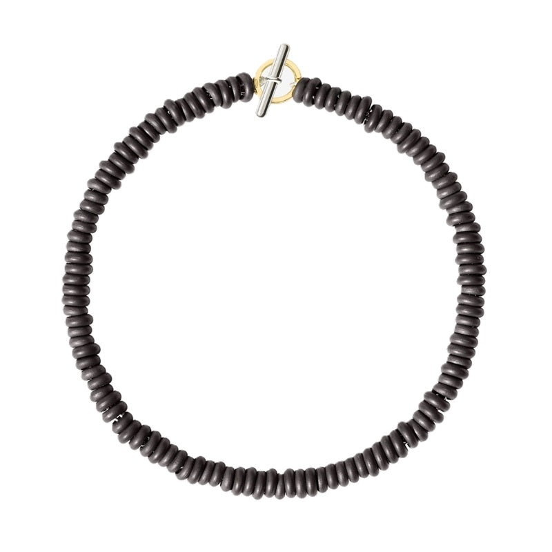 Timeless Dark Wood Beaded Necklace with Dual-Tone Clasp