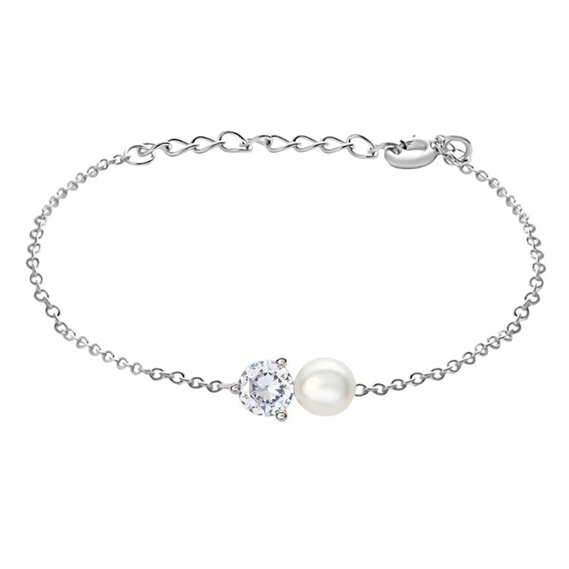 Elegant White Pearl and Crystal Silver Chain Bracelet