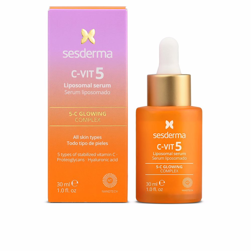 30 ml liposomal vitamin C serum in glass bottle with dropper, amber liquid