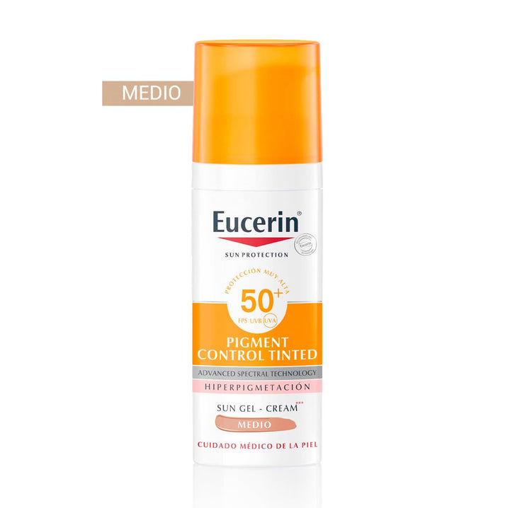 50 ml tinted SPF 50+ sun fluid in medium shade, lightweight non‑greasy texture