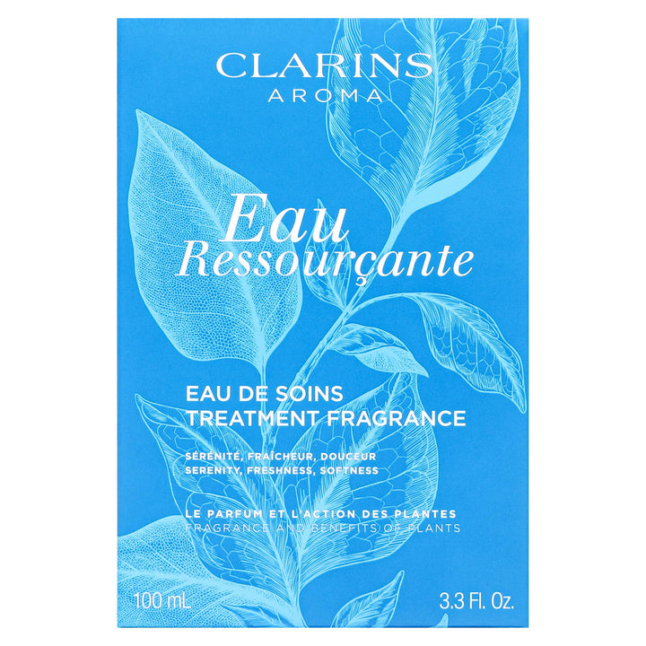 Dark blue elegant perfume bottle labeled Eau Ressourçante, floral-woody fragrance