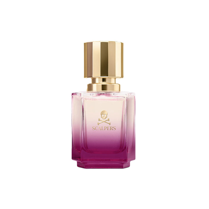 Glass rectangular perfume bottle in pink gradient with gold cap, skull and crossbones logo, modern elegance by Scalpers