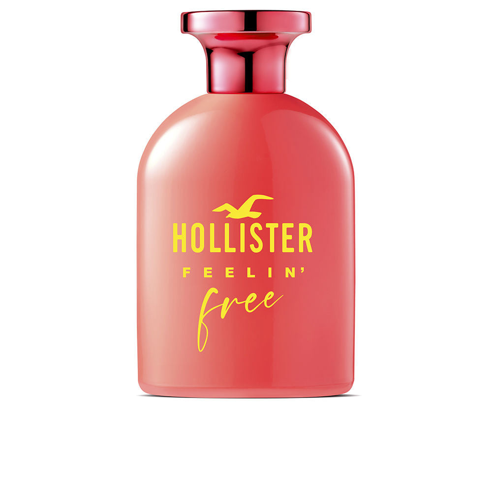 Hollister Coral pink glass perfume bottle with rounded shape, matte finish, shiny metallic cap, printed text