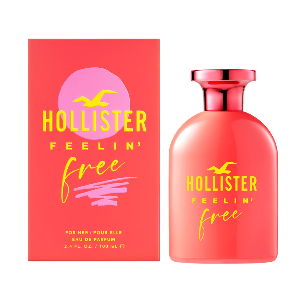 Hollister Coral pink glass perfume bottle with rounded shape, matte finish, shiny metallic cap, printed text