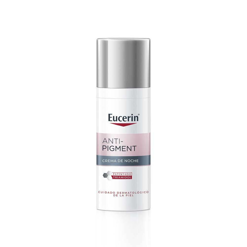 Jar of night cream labeled Eucerin Anti‑Pigment Night Cream on a neutral background