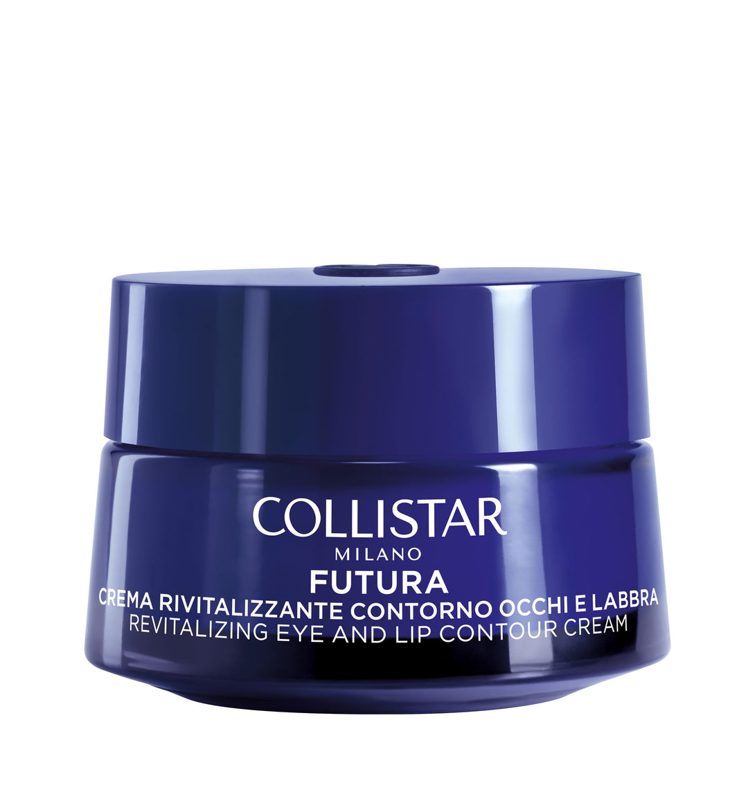 Collistar revitalizing eye and lip contour cream in a slim tube, pearlescent finish against neutral backdrop