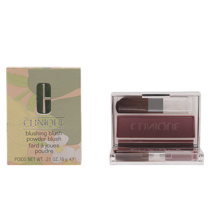 Clinique Beige and light brown powder blush in silver rectangular compact with small brush, minimalist plastic design
