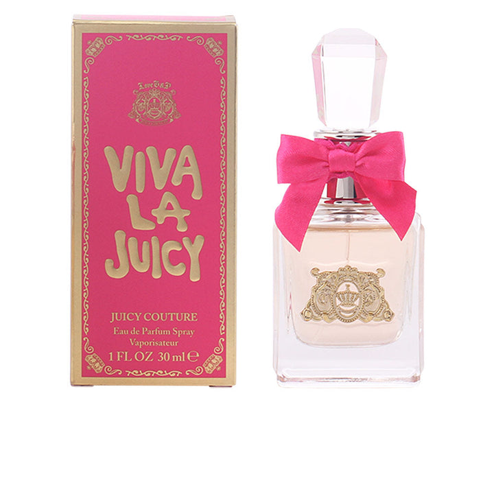 Clear glass 50 ml perfume bottle with fuchsia ribbon, floral‑fruity scent