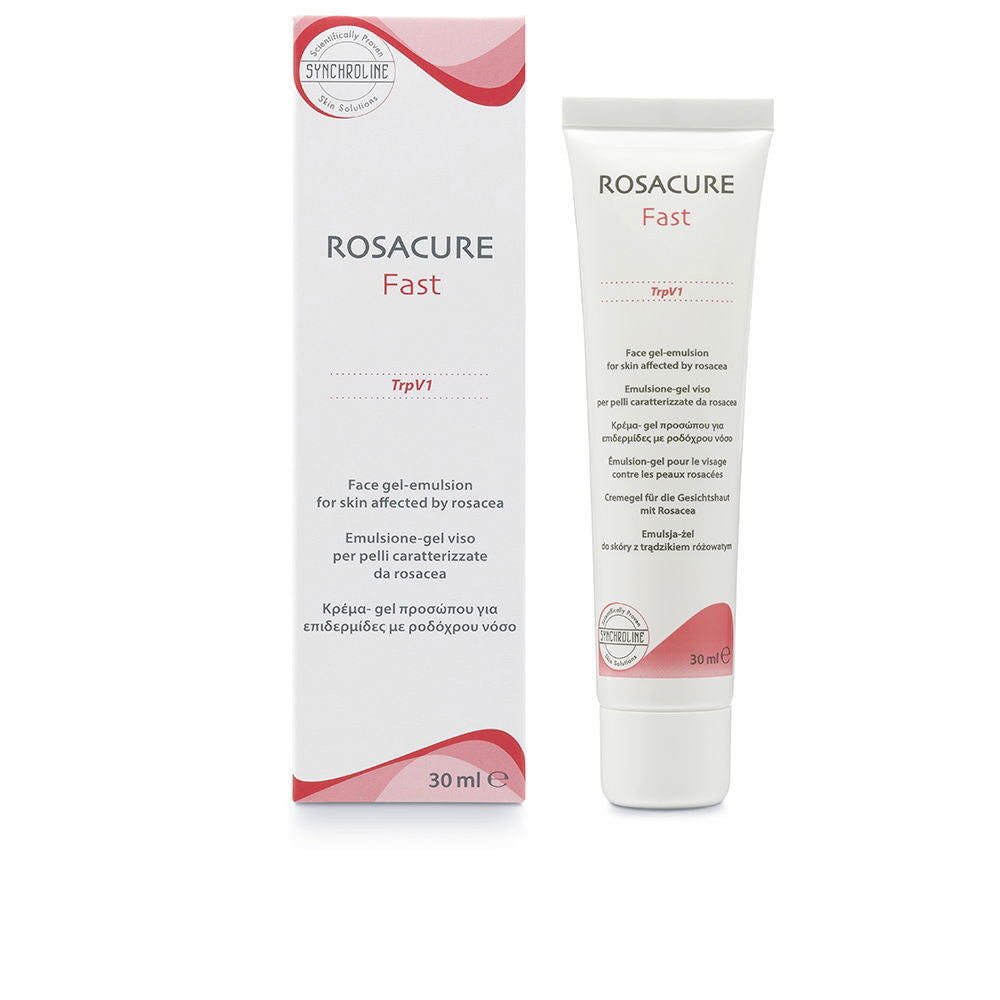 Rosacure White face gel-emulsion tube and box with red wave design, minimalist clinical plastic tube and cardboard box