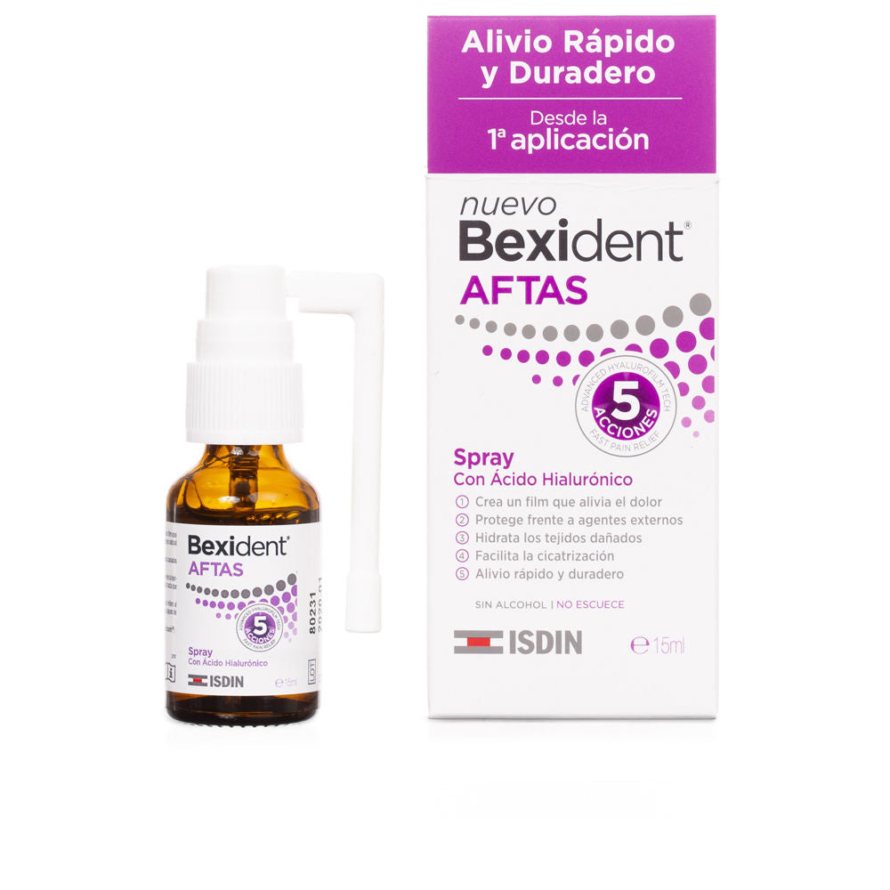 Isdin White and purple glass spray bottle with plastic nozzle beside cardboard box, circular "5 ACCIONES" logo
