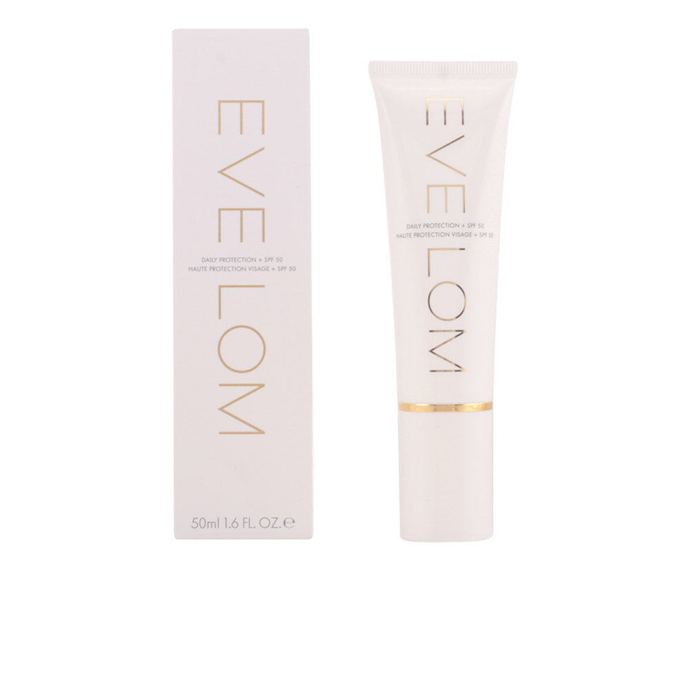 Eve Lom White plastic tube with gold text and band, SPF 50 labeling, minimalist rectangular box visible