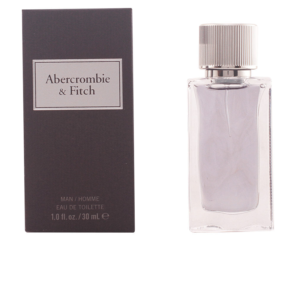 Abercrombie &amp; Fitch Silver and transparent glass perfume bottle with ribbed metallic cap, rectangular shape and side label