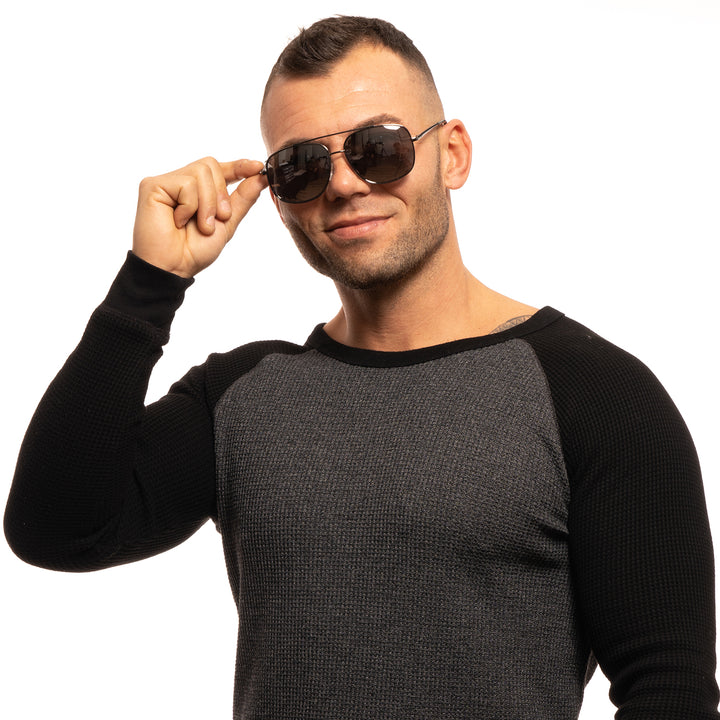 Unisex gunmetal aviator sunglasses with double bridge, adjustable nose pads, and mirrored lenses on white background