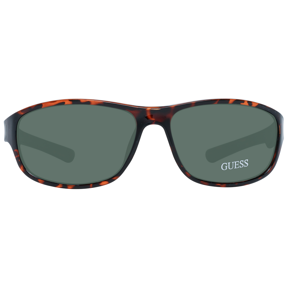Unisex tortoise shell rectangular sunglasses in plastic full-rim with dark green lenses and logo on temple