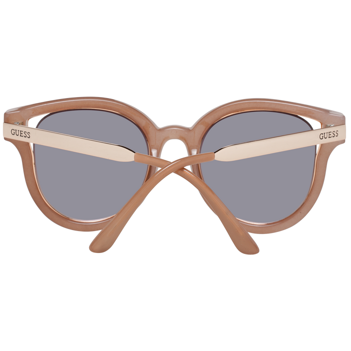 Brown and beige thick plastic round sunglasses with silver mirrored lenses on white background