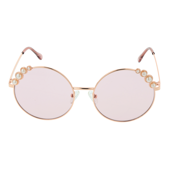 Rose gold metal round sunglasses with pink gradient lenses and pearl accents on top corners