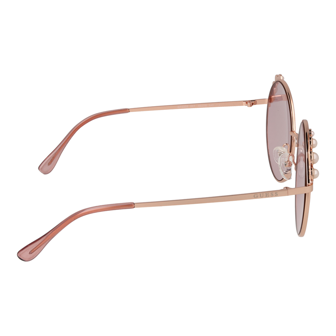 Rose gold metal round sunglasses with pink gradient lenses and pearl accents on top corners