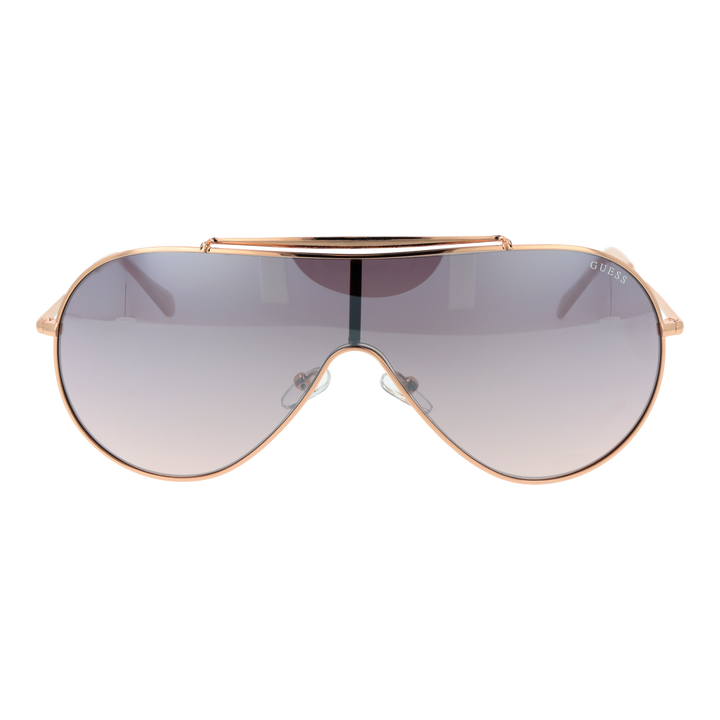 Rose gold aviator sunglasses with thin double-bridge frame and purple-to-grey gradient lenses on white background