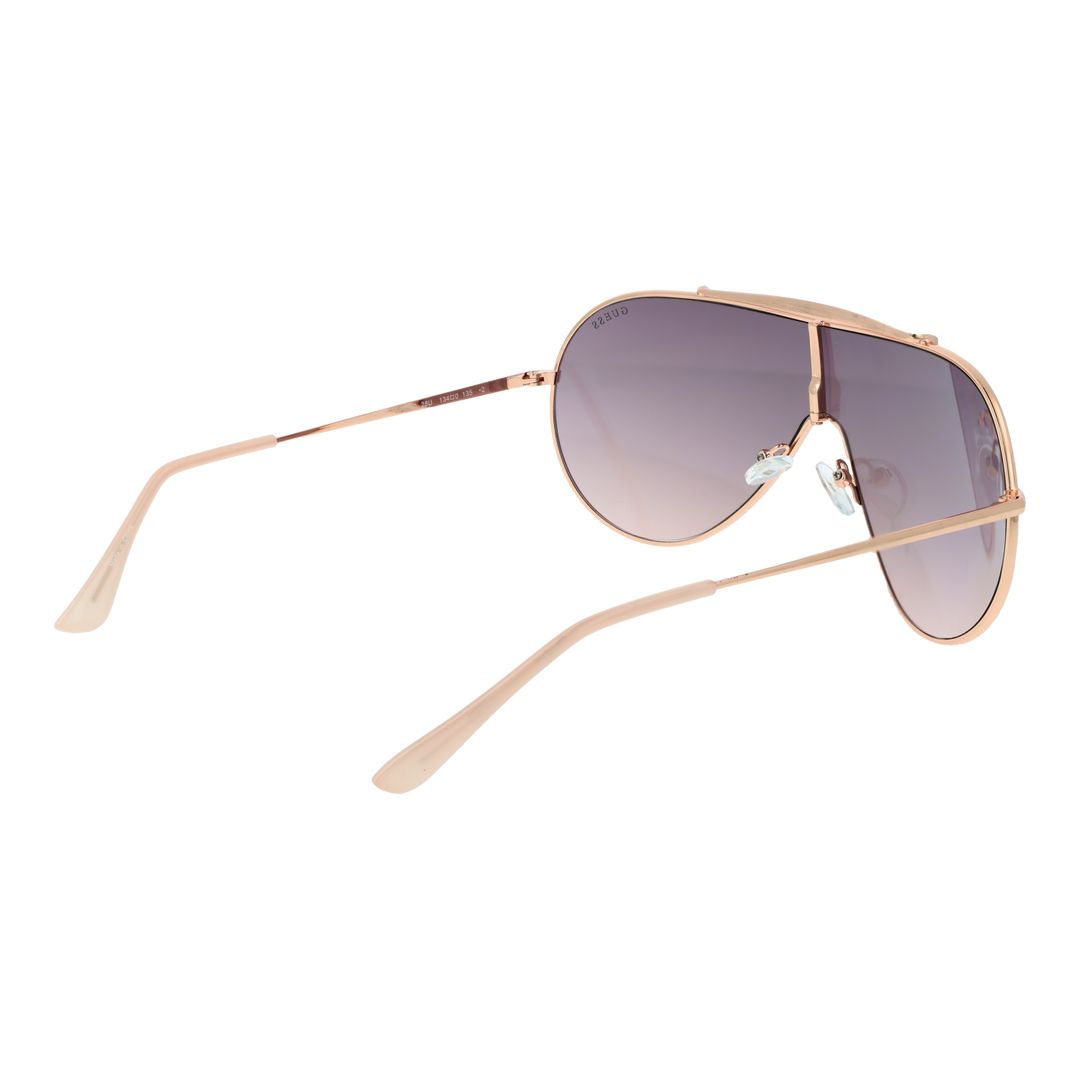 Rose gold aviator sunglasses with thin double-bridge frame and purple-to-grey gradient lenses on white background