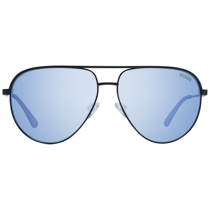 Unisex black thin metal aviator sunglasses with blue lenses and adjustable plastic nose pads on white background