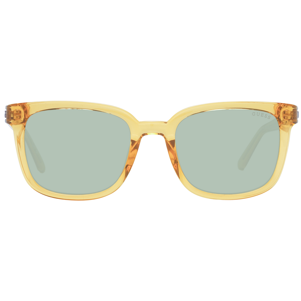 Unisex amber transparent square sunglasses with green lenses and visible metal hinge detail on sides