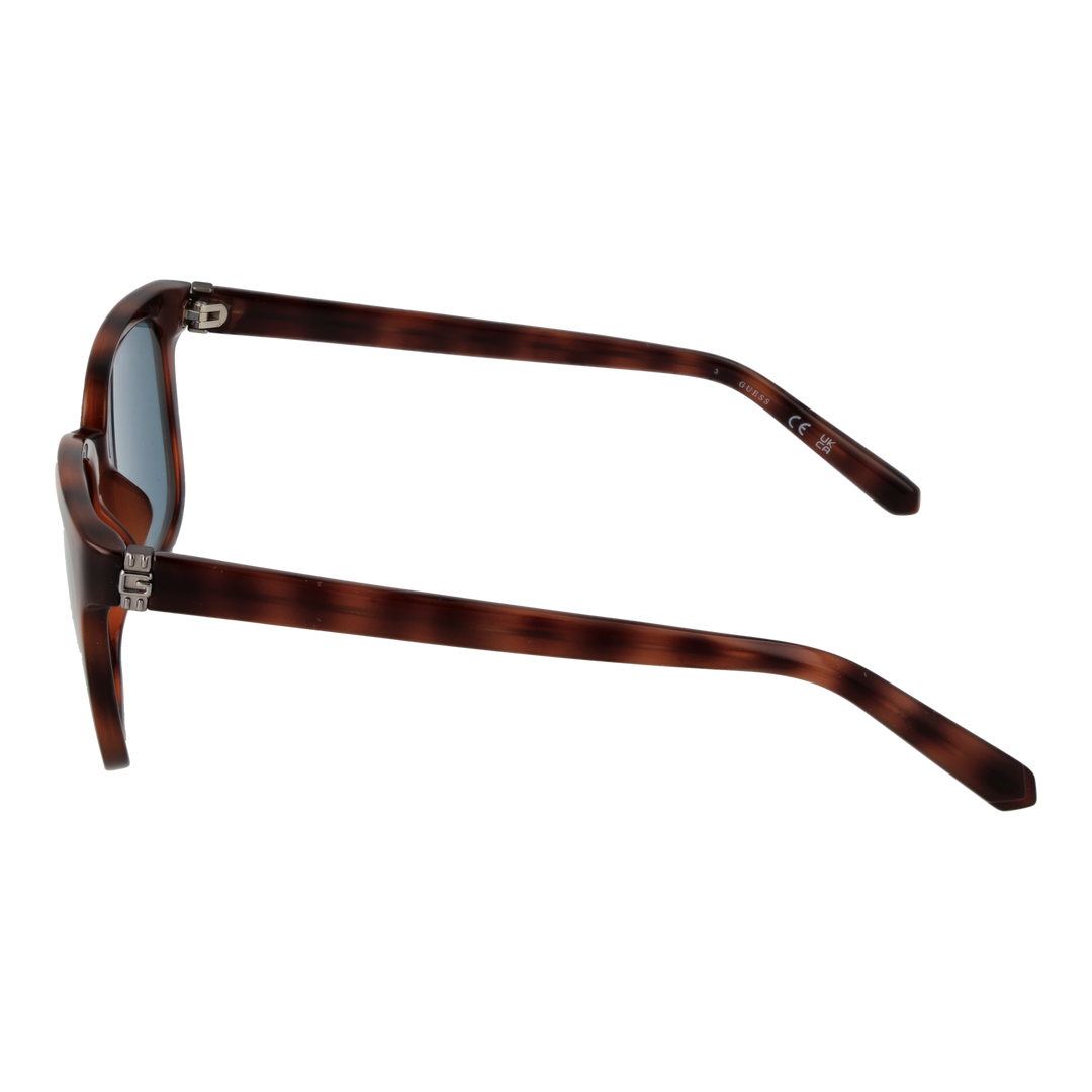 Tortoise brown plastic square sunglasses with blue lenses and metal logo on temples, Unisex