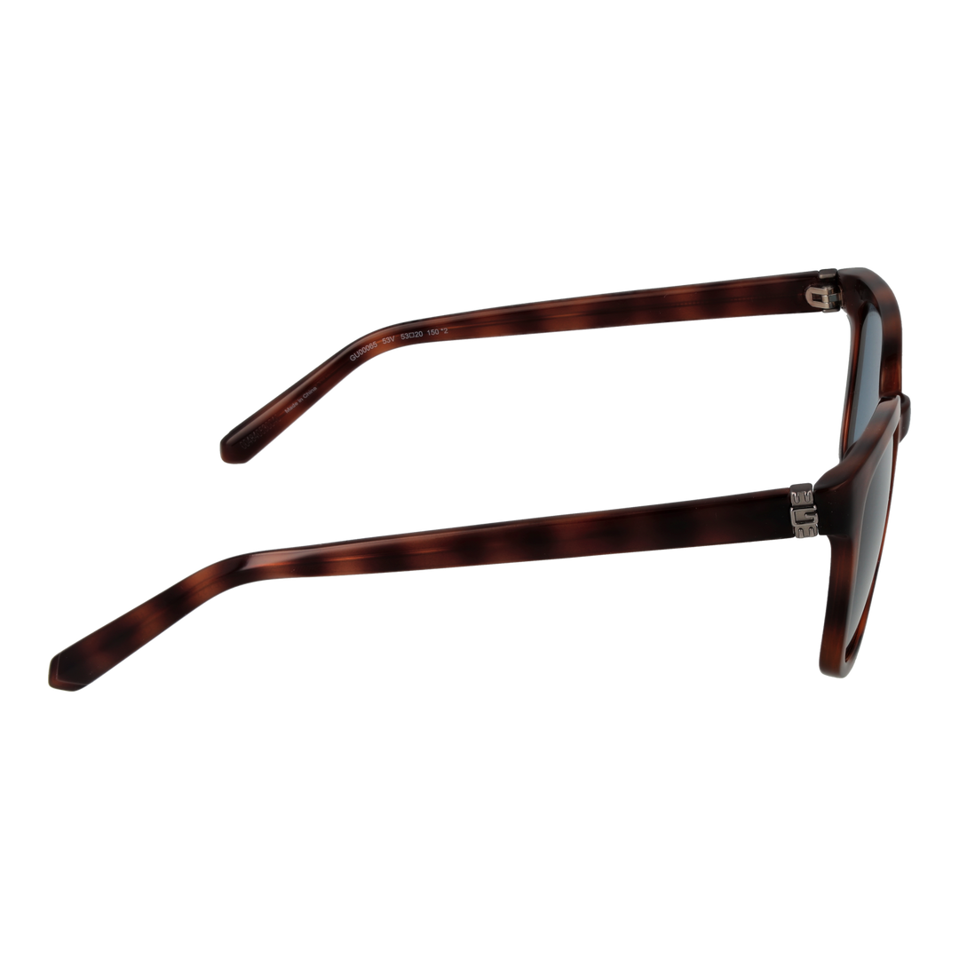 Tortoise brown plastic square sunglasses with blue lenses and metal logo on temples, Unisex