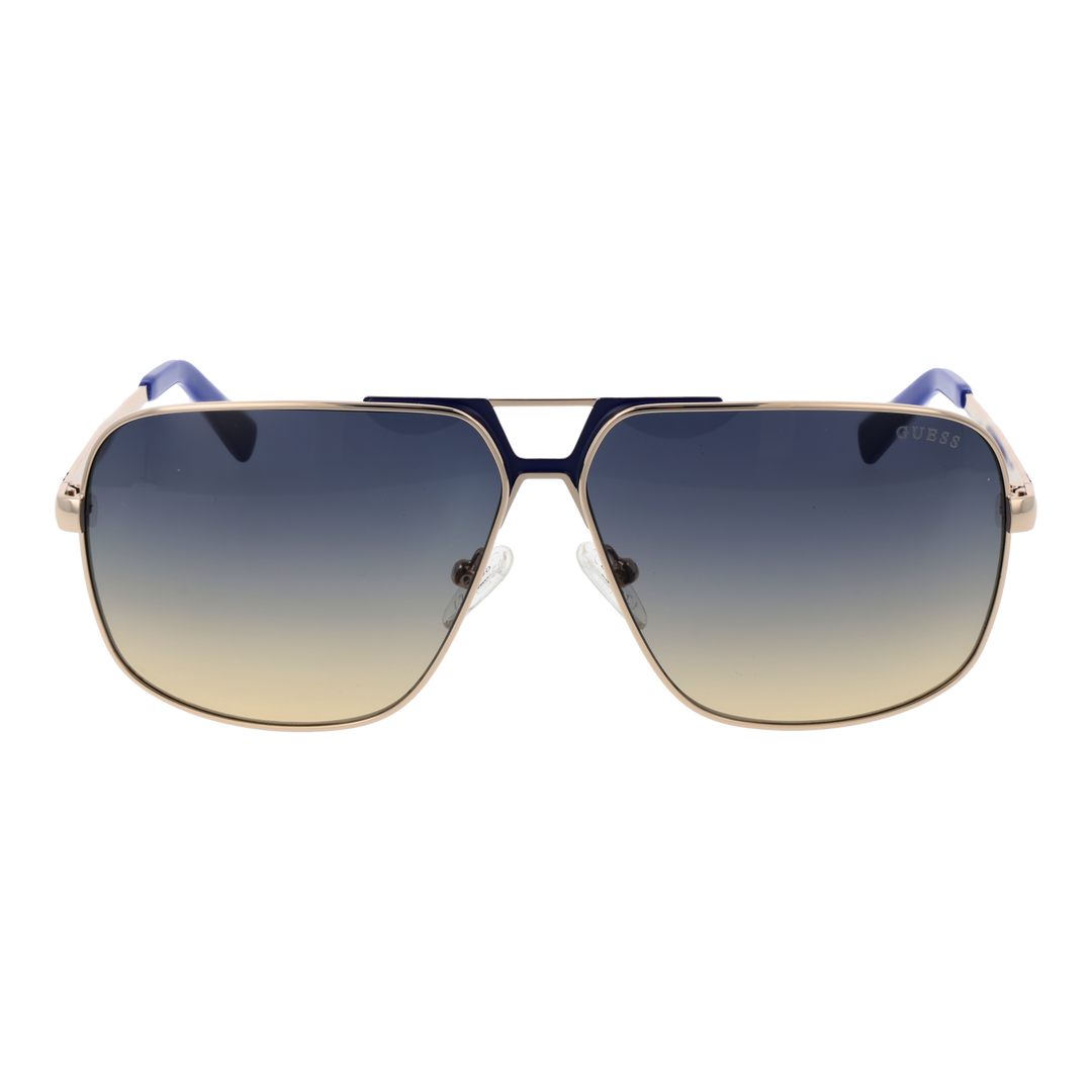 Unisex gold metal aviator sunglasses with blue-to-clear gradient lenses and double bridge, logo on temple