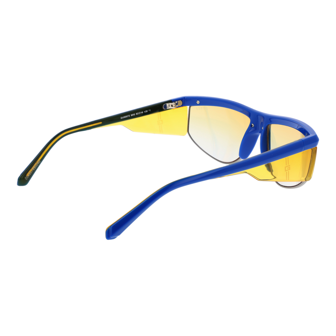 Blue, yellow, and orange sporty plastic sunglasses with tinted polarized lenses and side shields