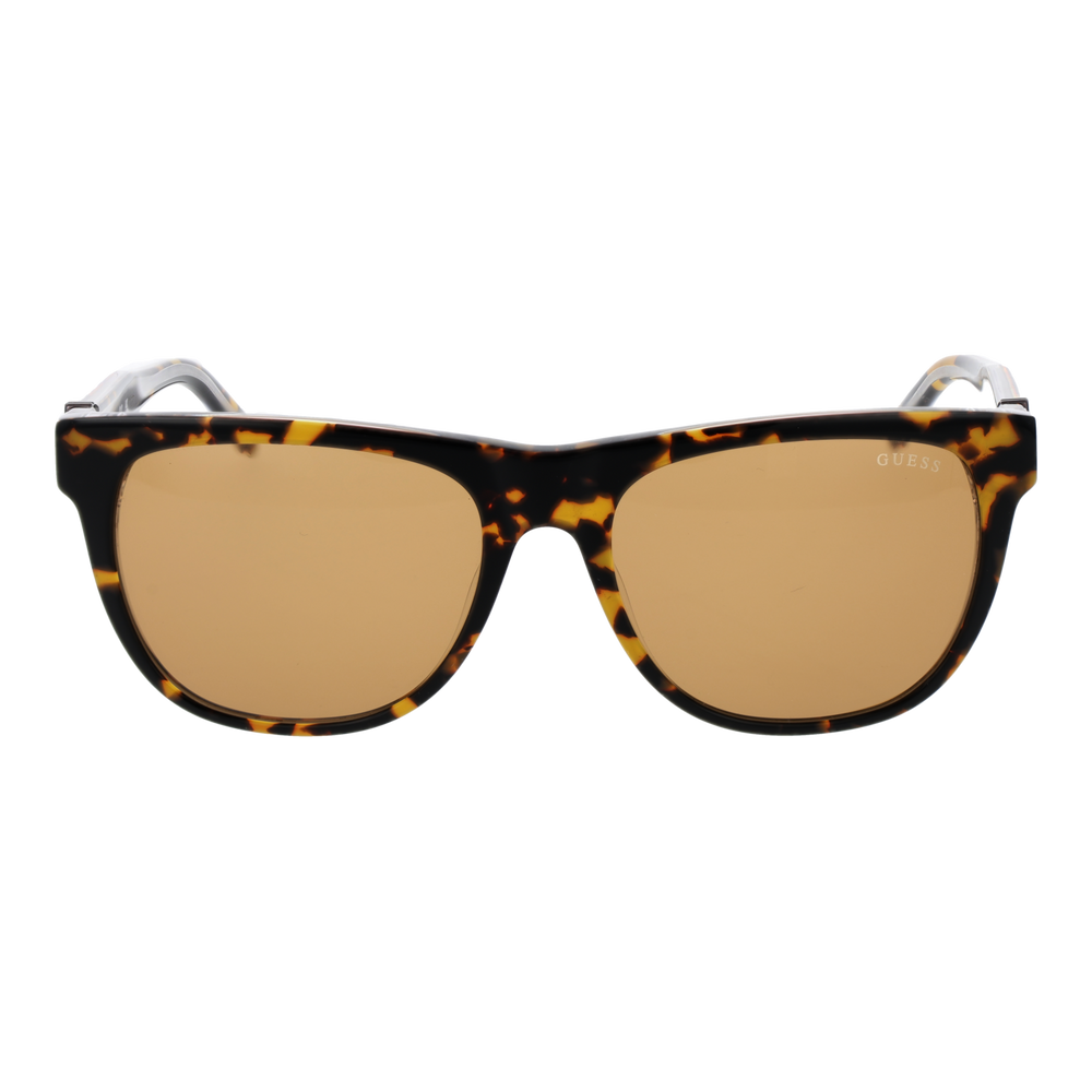 Unisex tortoiseshell rectangular sunglasses in plastic full-rim with brown lenses and logo on temples