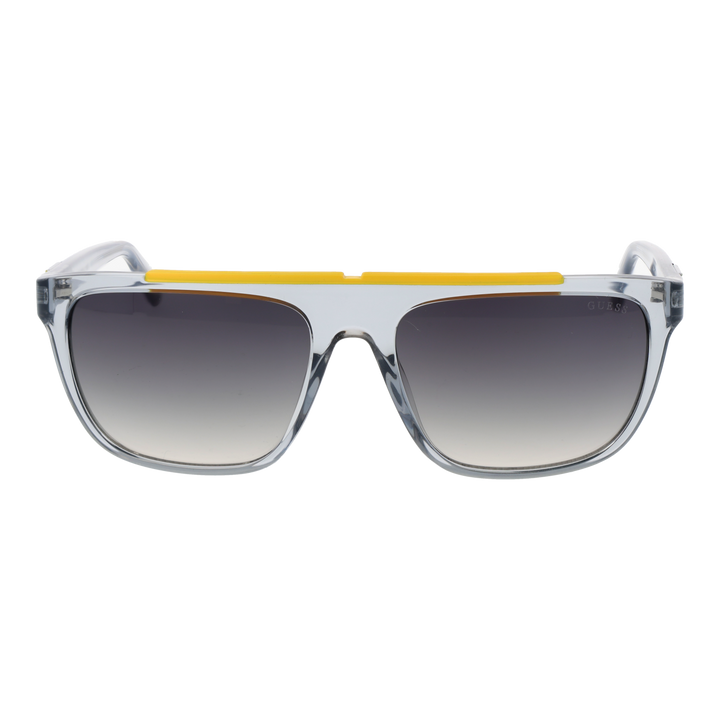 Clear square sunglasses with black-to-yellow gradient lenses and yellow top bar, sporty Unisex plastic frame