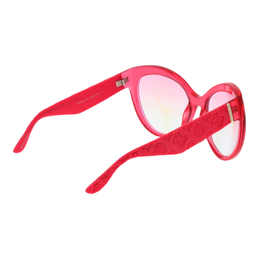 Red plastic cat-eye sunglasses with gradient lenses and embossed patterned temples, metal logo accent on temples