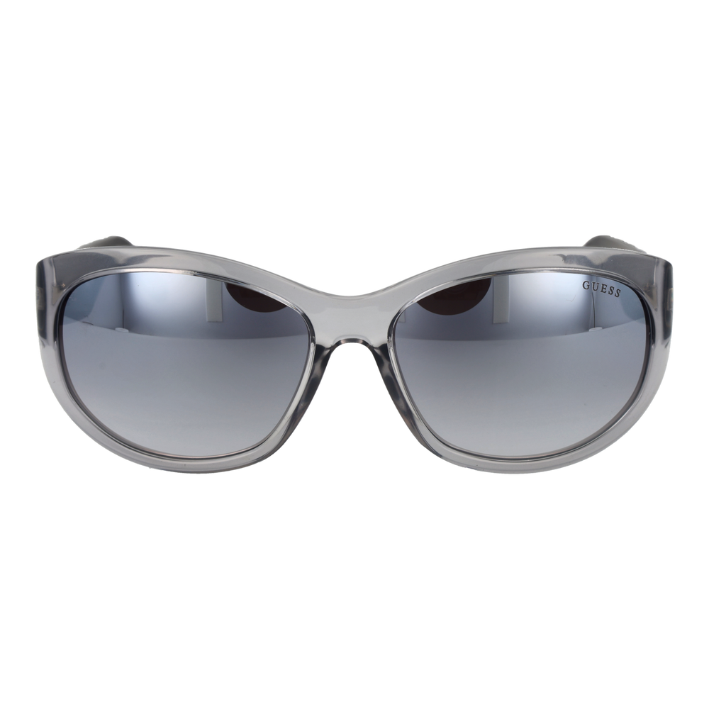 Gray cat-eye sunglasses in plastic with gradient lenses and embossed temples, Guess logo visible