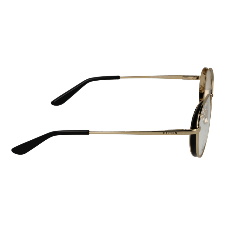 Unisex gold metal round eyeglasses with thin frame and black temple tips, front view on white background.