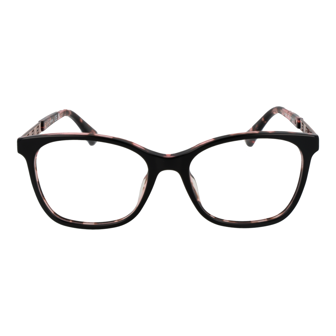 Black and pink tortoiseshell square eyeglasses with metal temple accents, modern fashion-forward style for Women