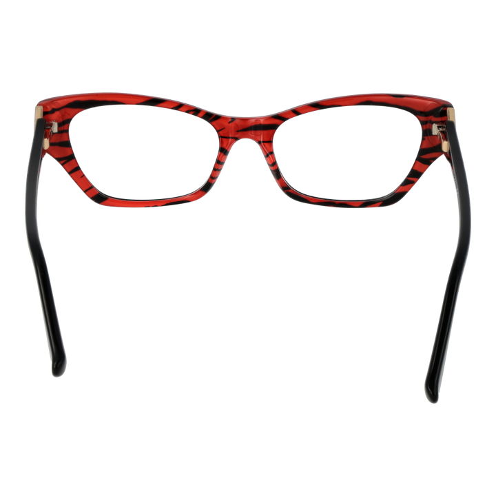 Black and red cat-eye eyeglasses in plastic with gold temples and logo emblem, front three-quarter view