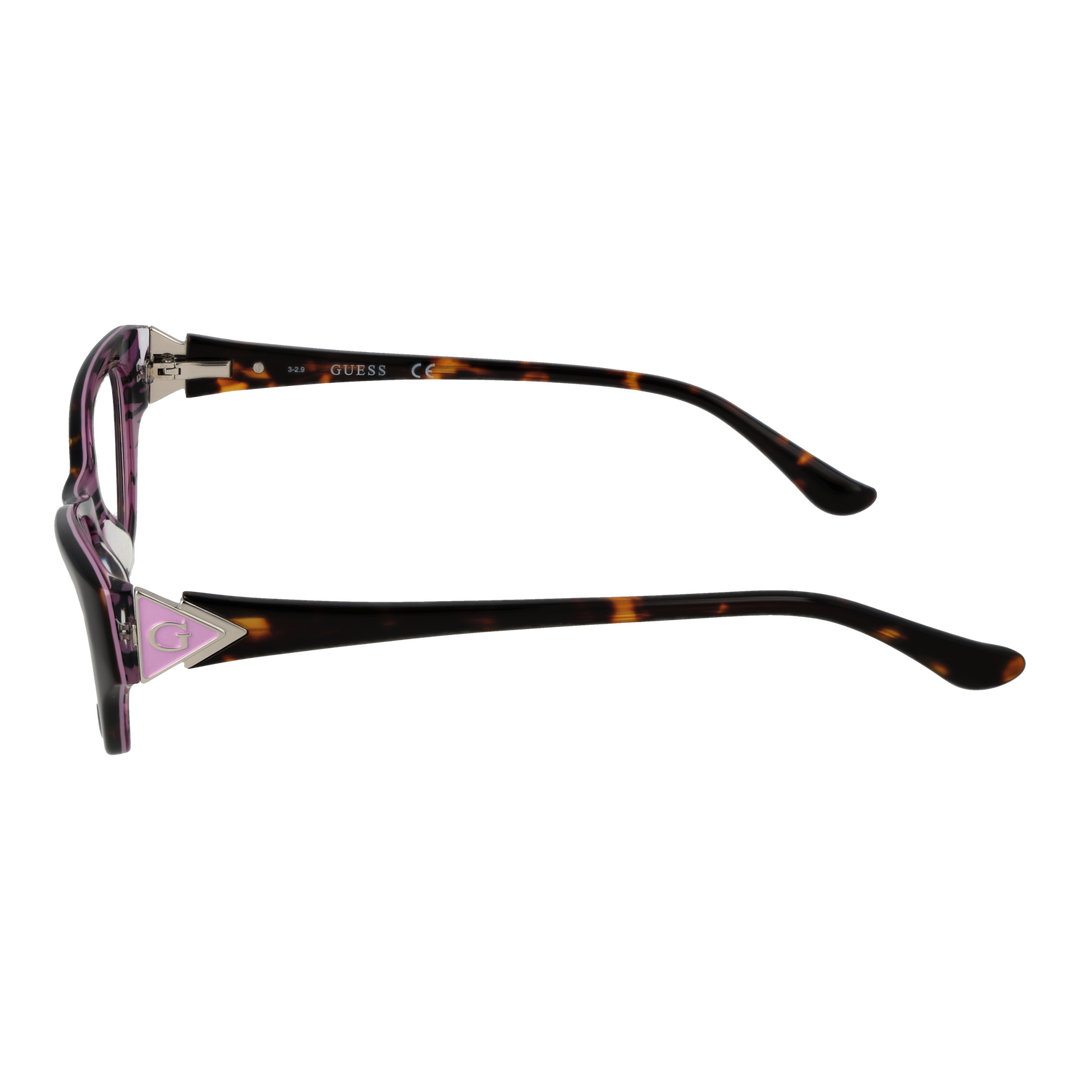 Tortoise shell cat-eye eyeglasses for Women with purple accents and triangular metal temple logo