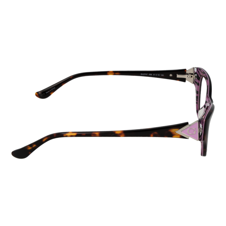 Tortoise shell cat-eye eyeglasses for Women with purple accents and triangular metal temple logo