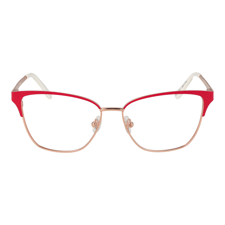 Red-accented rose gold metal cat-eye eyeglasses with white detailing, clear lenses, and adjustable nose pads on neutral background.