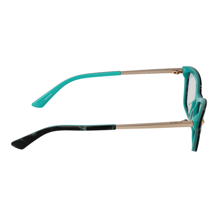 Turquoise and black two-tone rectangular eyeglasses with gold metal temples and triangular corner accents for Women
