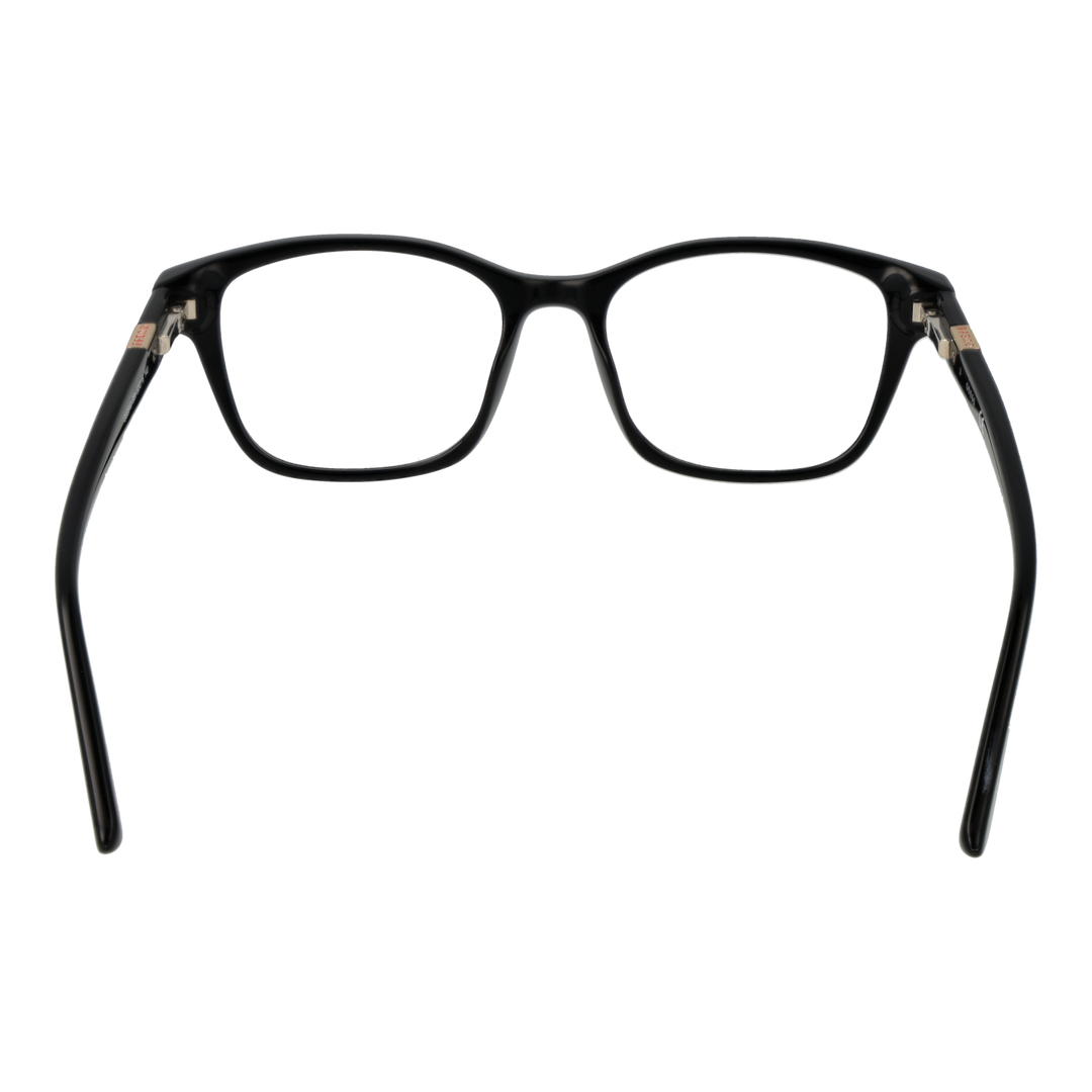 Unisex black full-rim rectangular eyeglasses with red triangular detail on temples, modern plastic frame