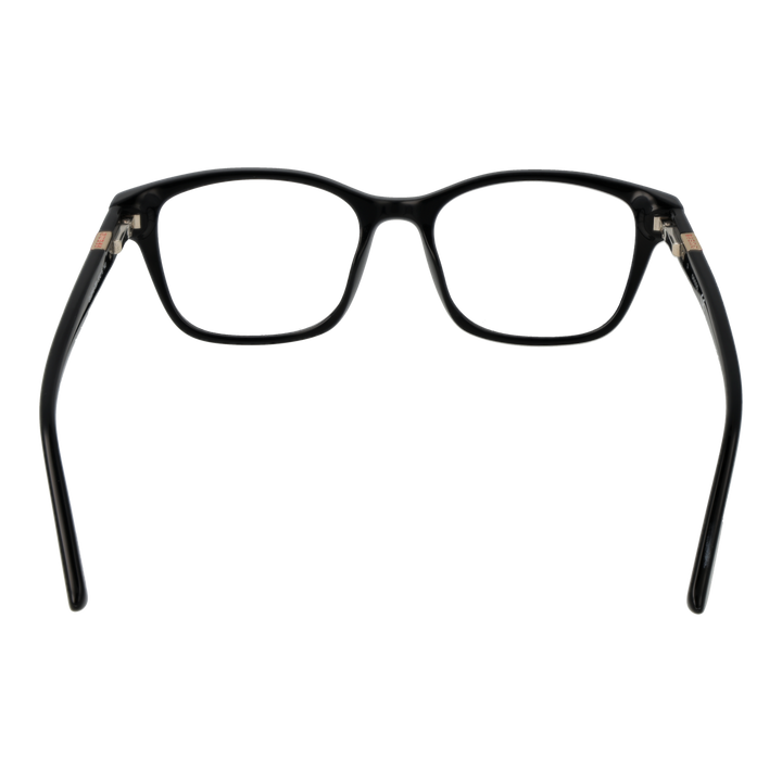 Unisex black full-rim rectangular eyeglasses with red triangular detail on temples, modern plastic frame