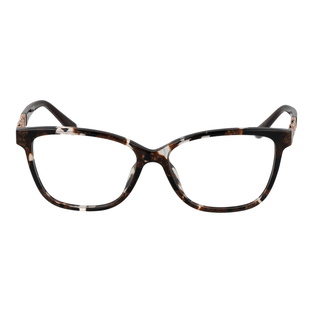 Tortoise shell square eyeglasses with black-brown pattern and rose-gold floral accents on temples