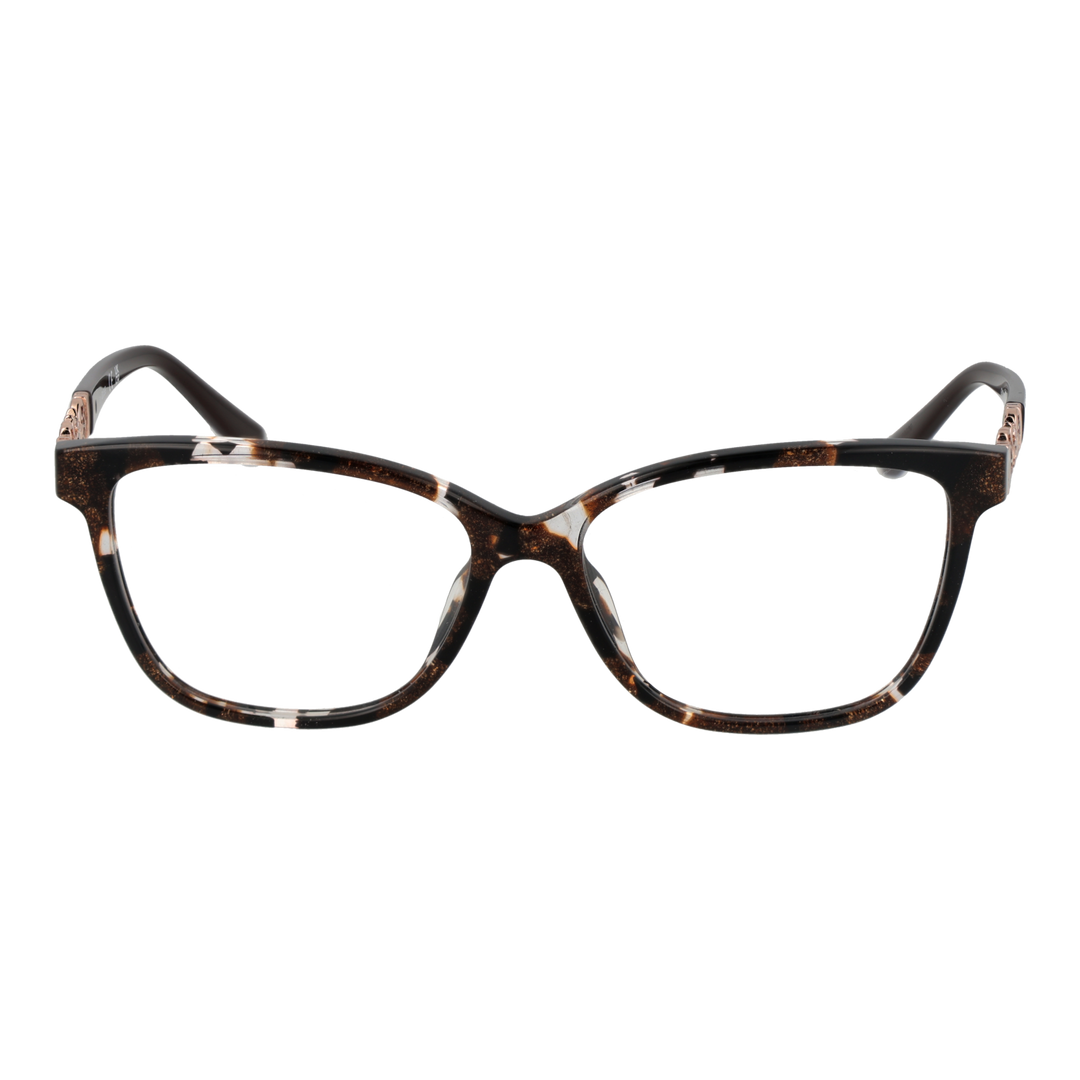 Tortoise shell square eyeglasses with black-brown pattern and rose-gold floral accents on temples