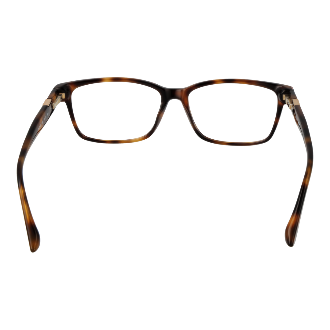 Tortoise brown full-rim rectangular eyeglasses in plastic with gold triangular temple logos, front three-quarter view