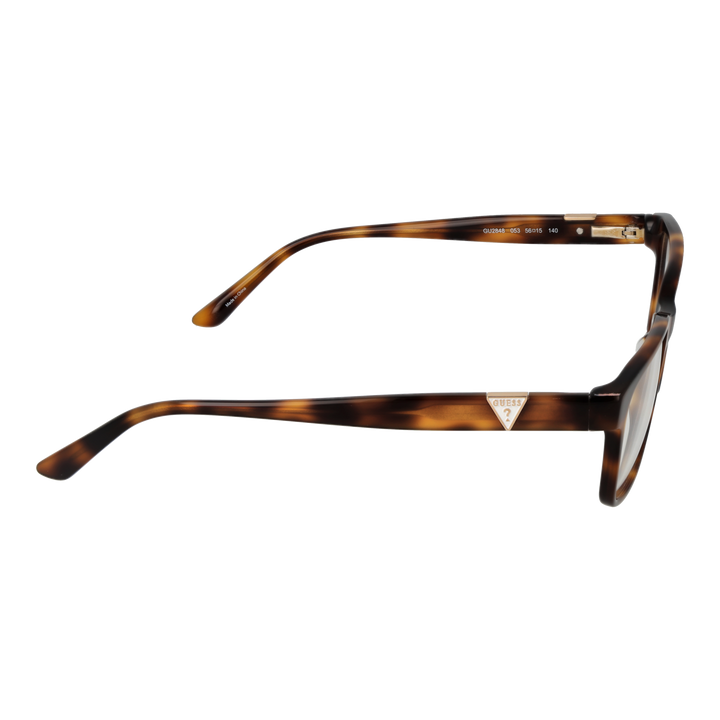 Tortoise brown full-rim rectangular eyeglasses in plastic with gold triangular temple logos, front three-quarter view