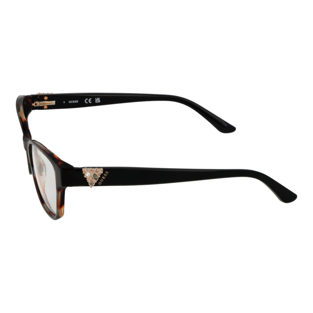 Tortoiseshell rectangular eyeglasses with black temples and metal emblem, modern fashionable Women’s frame.