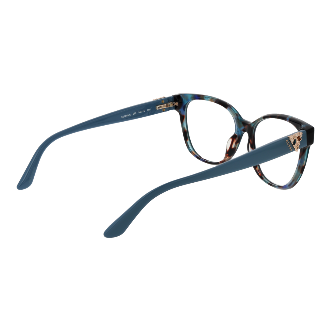 Blue tortoiseshell cat-eye eyeglasses with gold emblem on temples, plastic full-rim frame for Women