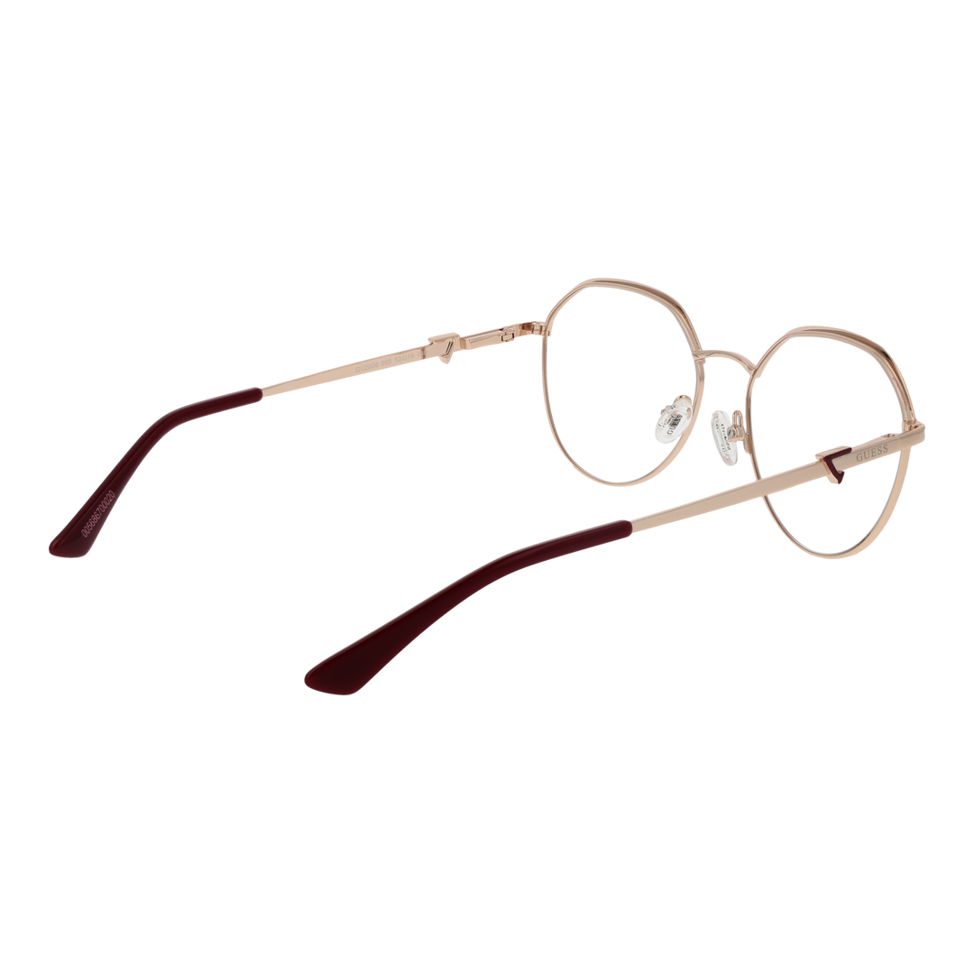 Rose gold thin metal round eyeglasses with burgundy plastic temple tips on white background