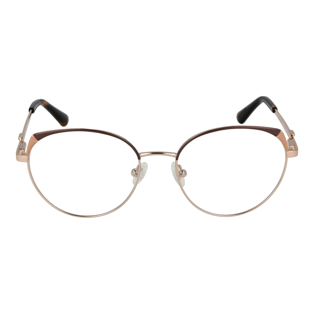 Rose-gold thin metal round eyeglasses with tortoiseshell temple tips on neutral background, front view